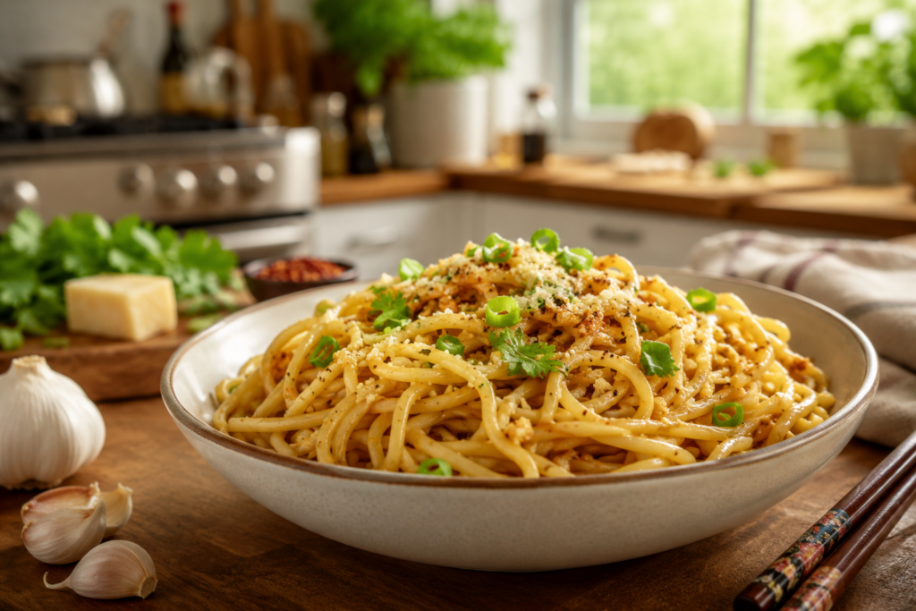 Asian Garlic Noodles served in a bowl with green onions and Parmesan cheese, placed on a wooden table with a warm kitchen background.