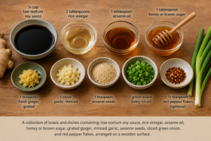 Overhead landscape image of soy sauce, rice vinegar, sesame oil, honey, ginger, garlic, sesame seeds, green onion, and red pepper flakes arranged in bowls on a wooden surface.