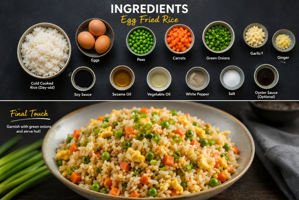 Easy Asian egg fried rice recipe served hot with vegetables and scrambled eggs in a bowl.