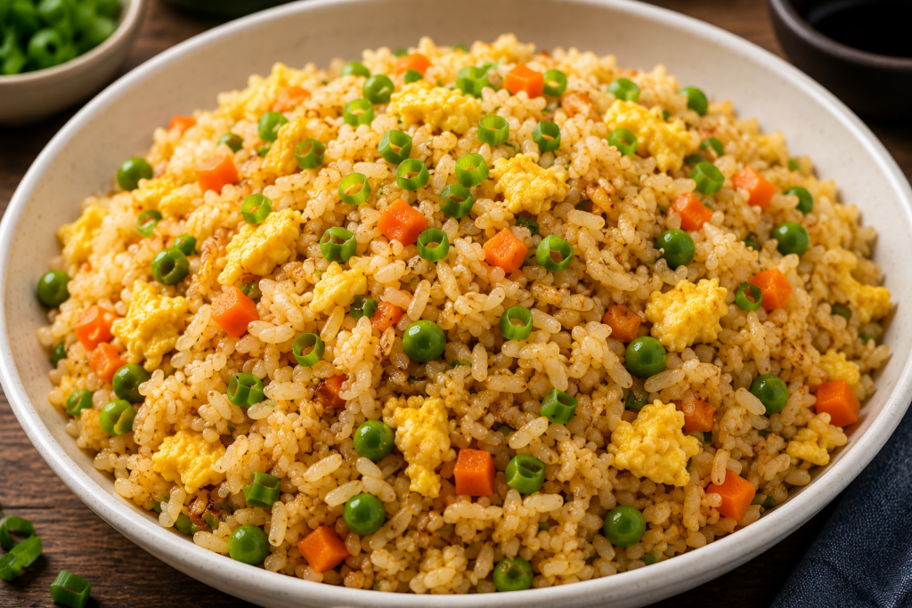 Easy Asian egg fried rice recipe served hot with vegetables and scrambled eggs in a bowl.
