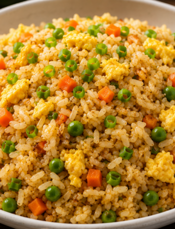 Easy Asian egg fried rice recipe served hot with vegetables and scrambled eggs in a bowl.