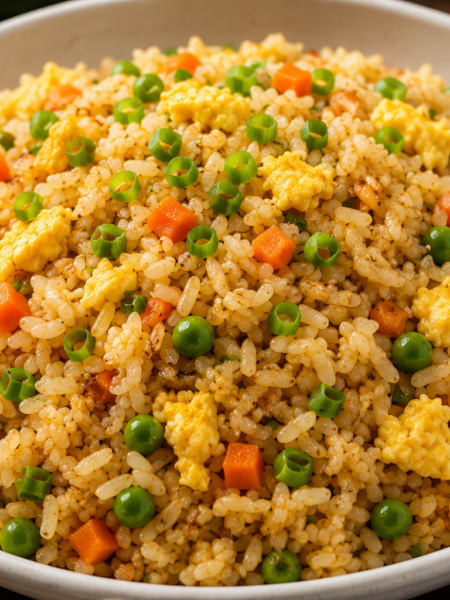 Easy Asian egg fried rice recipe served hot with vegetables and scrambled eggs in a bowl.