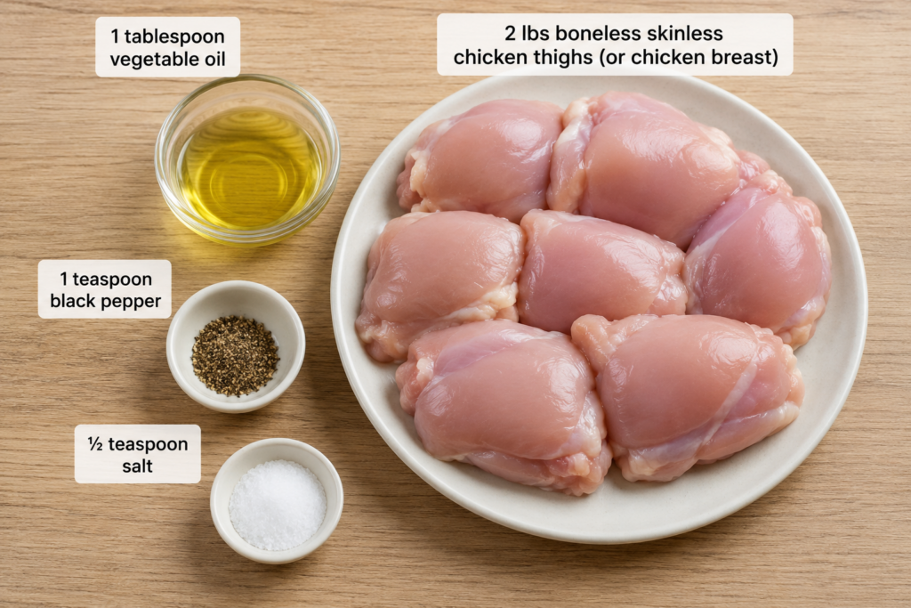 Alt Text (SEO-Friendly):
Overhead landscape view of Teriyaki Chicken ingredients including boneless skinless chicken thighs, vegetable oil, black pepper, salt, low-sodium soy sauce, brown sugar, and water arranged on a wooden surface.