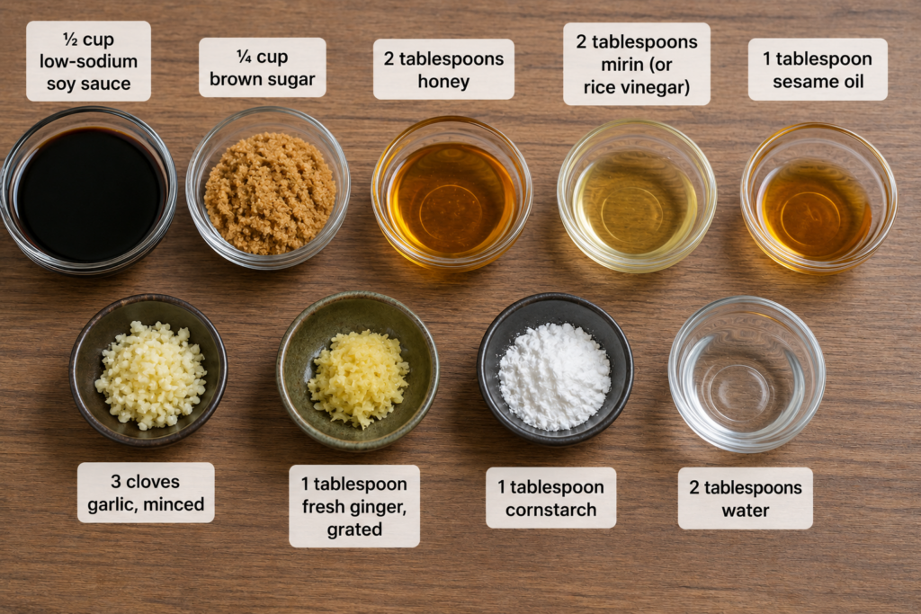 Overhead landscape view of teriyaki sauce ingredients including low-sodium soy sauce, brown sugar, honey, mirin, sesame oil, minced garlic, grated ginger, cornstarch, and water arranged in small bowls on a wooden surface.