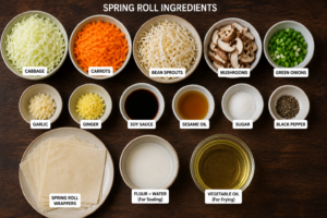 Fresh spring roll ingredients including shredded cabbage, carrots, bean sprouts, mushrooms, green onions, garlic, ginger, soy sauce, sesame oil, spring roll wrappers, and vegetable oil arranged on a wooden table for a homemade Asian spring roll recipe.