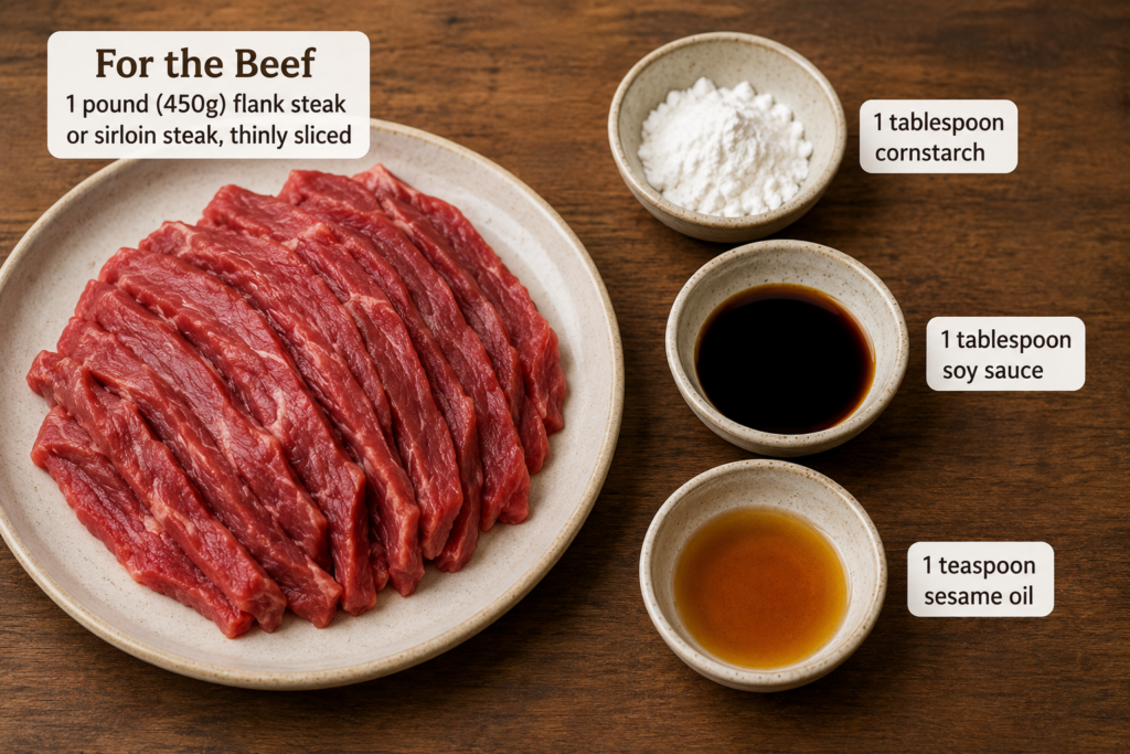 Landscape image showing ingredients for marinating beef stir fry, including thinly sliced flank or sirloin steak on a large plate, alongside small bowls of cornstarch, soy sauce, and sesame oil arranged on a rustic wooden surface.