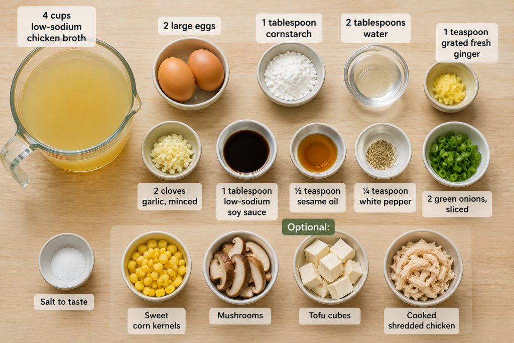 Top-down landscape view of Egg Drop Soup ingredients including chicken broth, eggs, cornstarch, water, fresh ginger, minced garlic, soy sauce, sesame oil, white pepper, green onions, salt, and optional sweet corn, mushrooms, tofu cubes, and shredded chicken arranged neatly on a wooden surface.