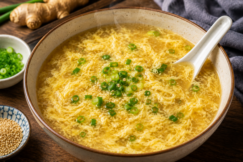 Homemade Egg Drop Soup garnished with green onions and sesame seeds in a serving bowl.