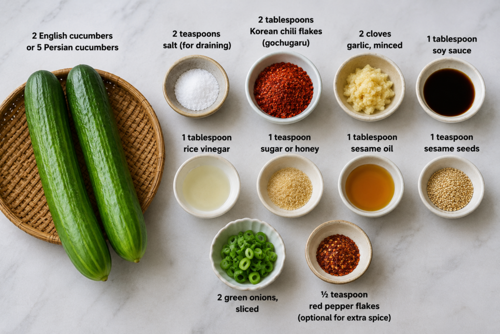 Spicy Korean Cucumber Salad (Oi Muchim) ingredients including cucumbers, gochugaru, garlic, soy sauce, rice vinegar, sesame oil, sesame seeds, green onions, salt, sugar, and red pepper flakes arranged on a table.