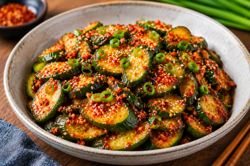 Bowl of Spicy Korean Cucumber Salad (Oi Muchim) made with sliced cucumbers, Korean chili flakes, garlic, sesame seeds, and green onions, served fresh in a ceramic bowl.