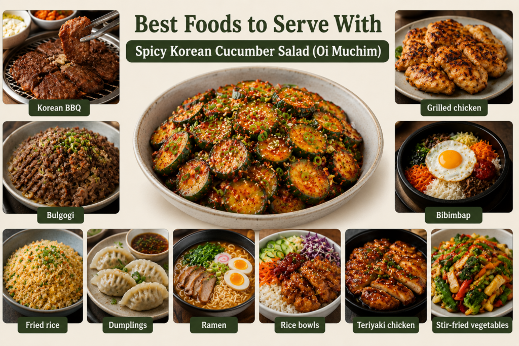 Spicy Korean Cucumber Salad served with popular Asian dishes like Korean BBQ, bibimbap, ramen, dumplings, and fried rice.