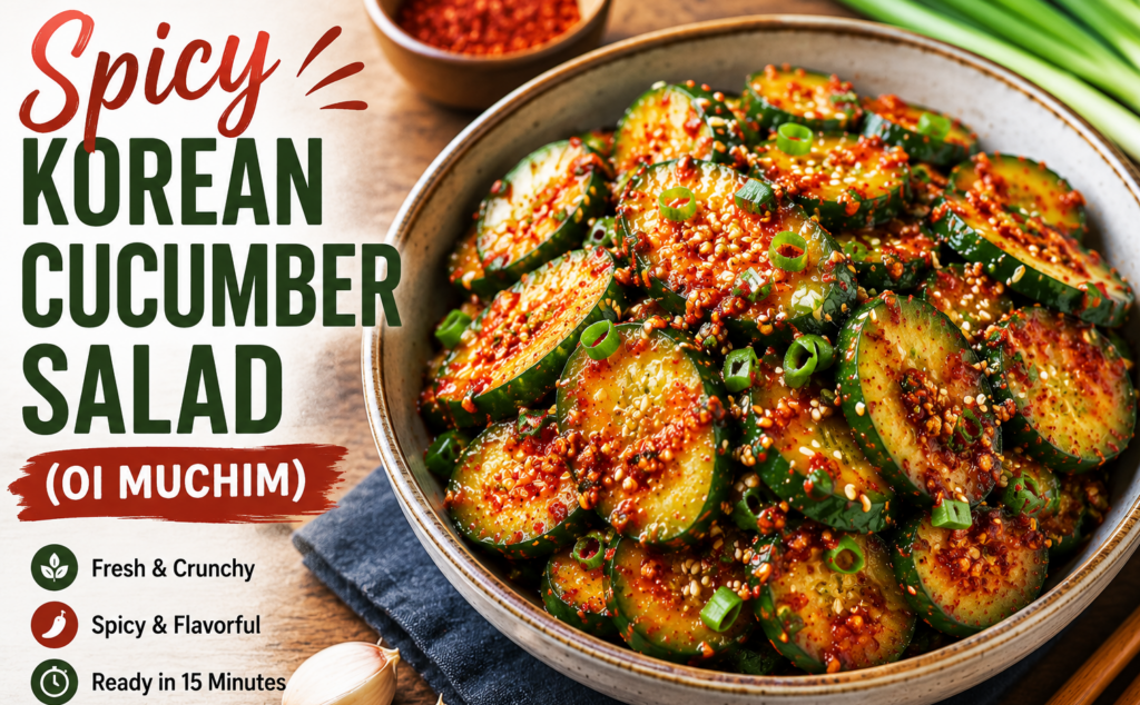 Spicy Korean Cucumber Salad (Oi Muchim) served in a bowl with sesame seeds and green onions.