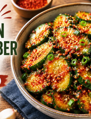 Spicy Korean Cucumber Salad (Oi Muchim) served in a bowl with sesame seeds and green onions.