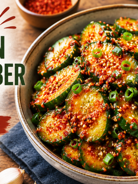 Spicy Korean Cucumber Salad (Oi Muchim) served in a bowl with sesame seeds and green onions.