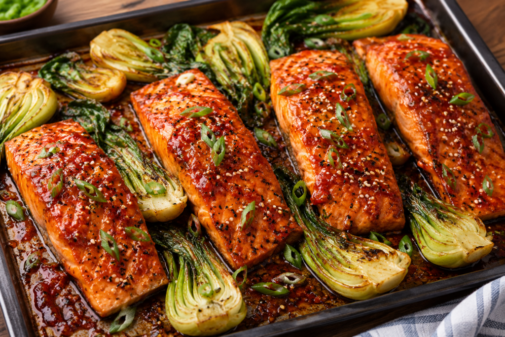 Sheet pan gochujang salmon with roasted bok choy, garnished with sesame seeds and green onions.