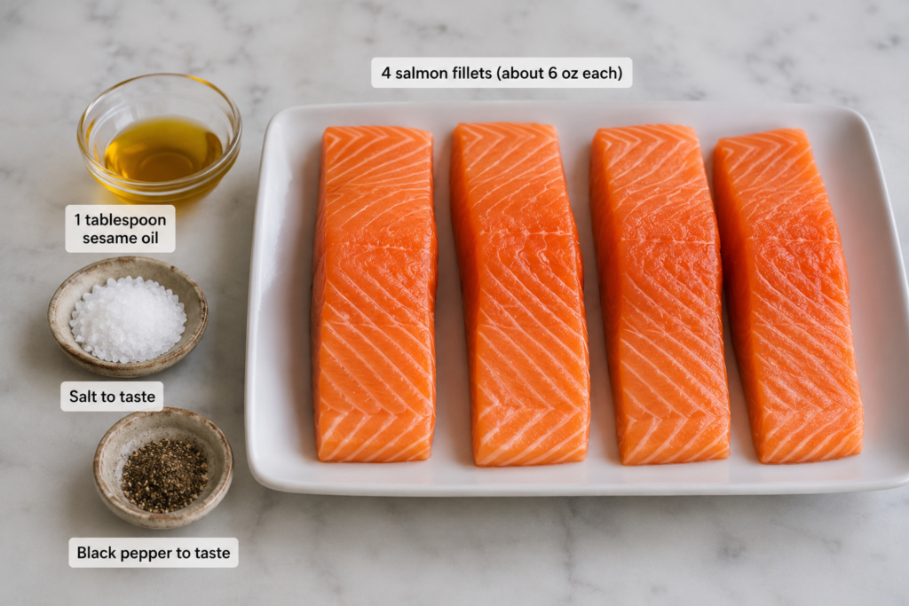 Fresh salmon fillets with sesame oil, salt, and black pepper arranged for cooking.