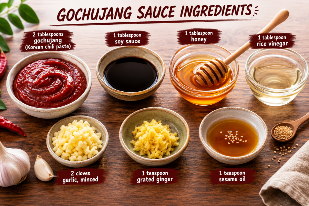 Gochujang sauce ingredients arranged in bowls with chili paste, soy sauce, honey, vinegar, garlic, ginger, and sesame oil.