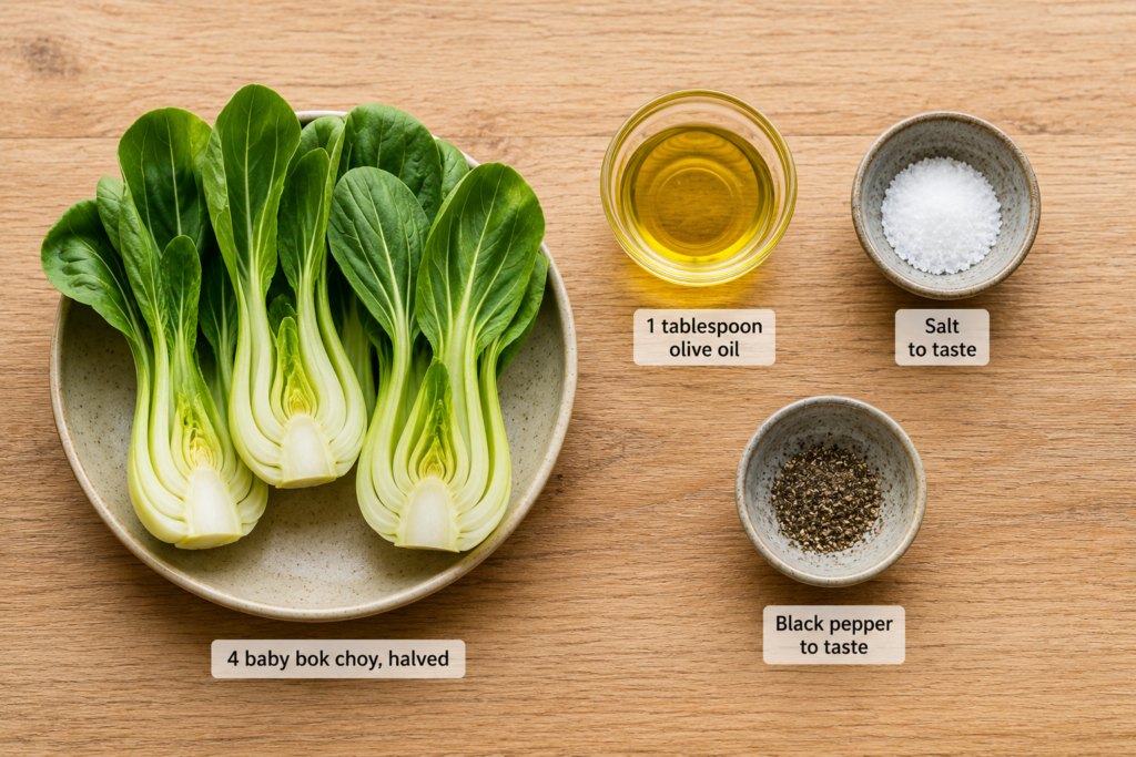 Four halved baby Bok Choy and olive oil salt and black pepper