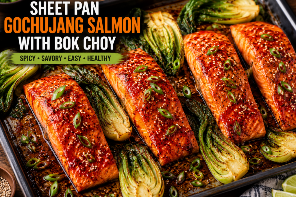 Featured image of sheet pan gochujang salmon with roasted bok choy, glazed with spicy Korean sauce and garnished with sesame seeds and green onions