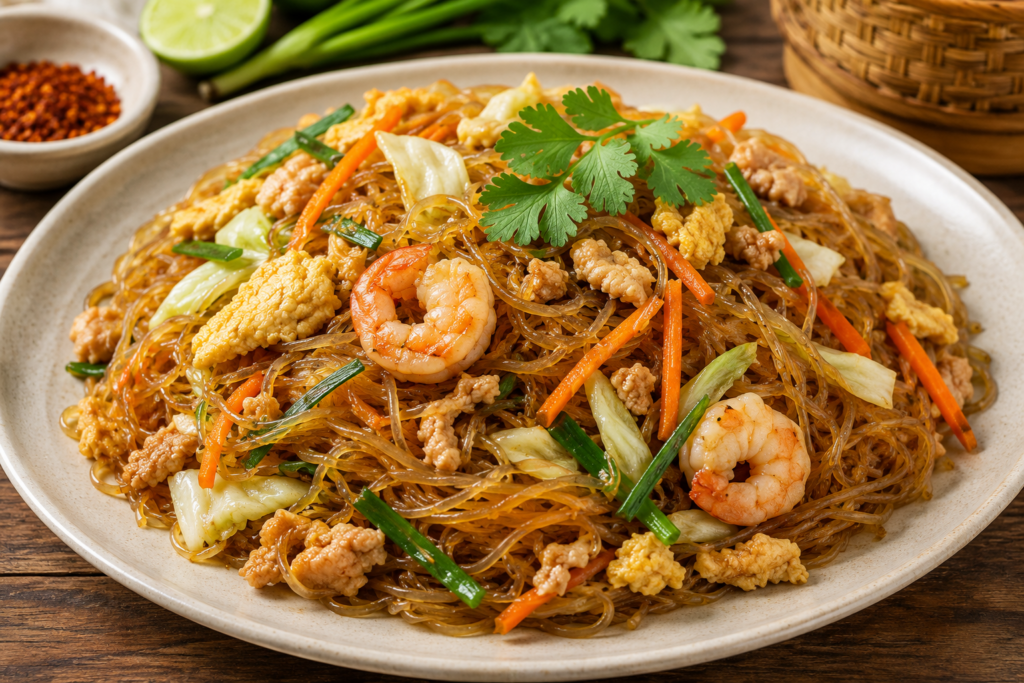 Thai glass noodles stir-fried with shrimp, vegetables, and egg on a plate