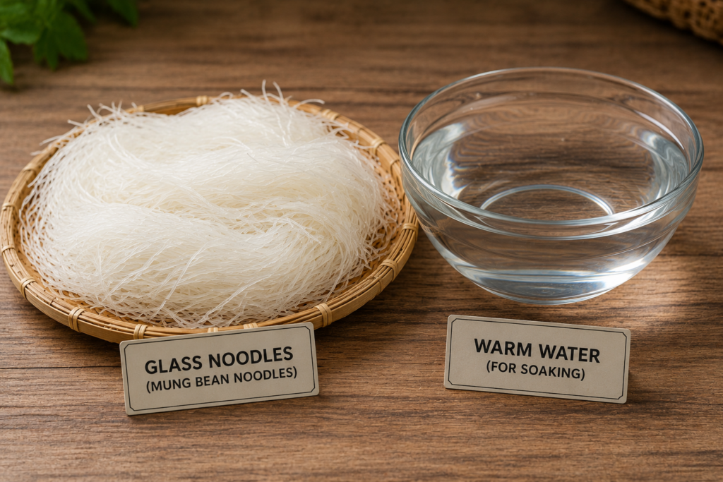 Glass noodles and warm water arranged on a wooden table for soaking.