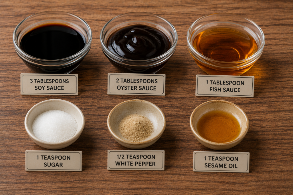 Thai glass noodle sauce ingredients including soy sauce, oyster sauce, fish sauce, sugar, white pepper, and sesame oil.
