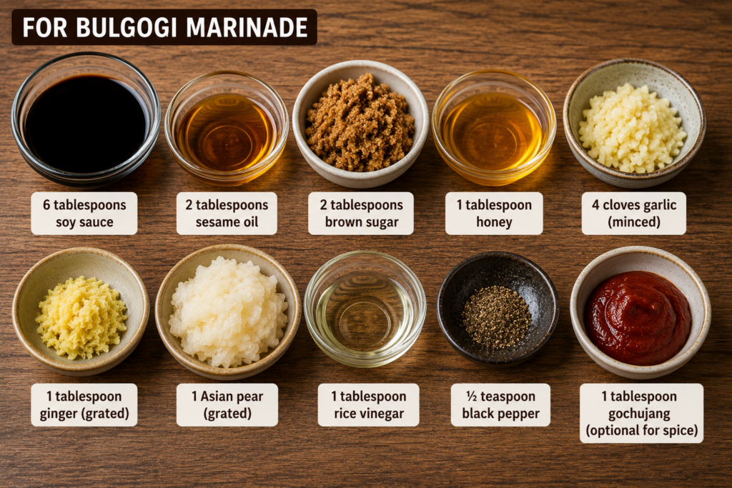 Bulgogi marinade ingredients including soy sauce, sesame oil, brown sugar, honey, garlic, ginger, Asian pear, rice vinegar, black pepper, and gochujang arranged on a wooden surface.