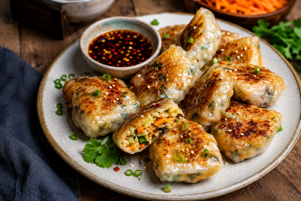Crispy pan-fried rice paper dumplings served on a ceramic plate with chili dipping sauce, garnished with sesame seeds and green onions.