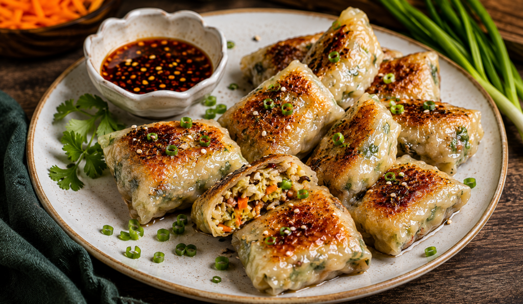 Golden crispy rice paper dumplings served on a ceramic plate with spicy dipping sauce, garnished with sesame seeds and fresh green onions.