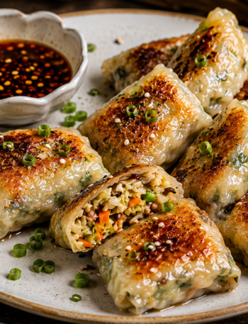 Golden crispy rice paper dumplings served on a ceramic plate with spicy dipping sauce, garnished with sesame seeds and fresh green onions.