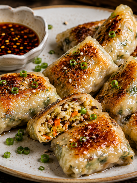 Golden crispy rice paper dumplings served on a ceramic plate with spicy dipping sauce, garnished with sesame seeds and fresh green onions.
