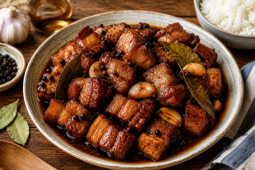 A bowl of authentic Filipino pork adobo with tender pork belly chunks in a glossy garlic soy sauce, served over a bed of steaming white jasmine rice.














A bowl of authentic Filipino pork adobo with tender pork belly chunks in a glossy garlic soy sauce