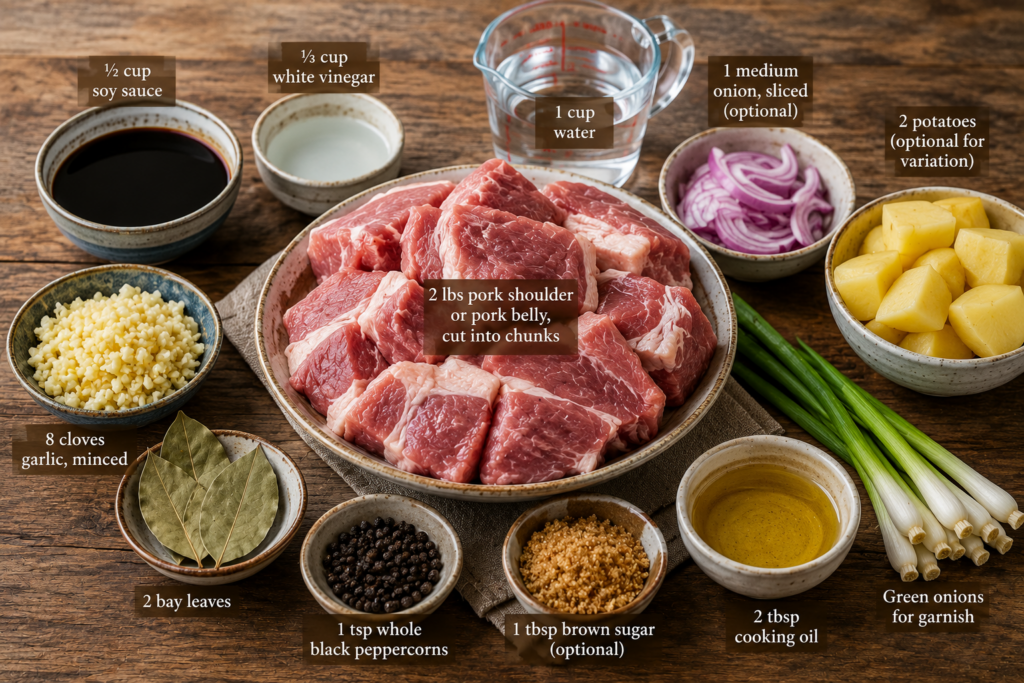 Filipino Pork Adobo ingredients arranged on a rustic wooden table, including pork chunks, soy sauce, white vinegar, garlic, bay leaves, black peppercorns, brown sugar, onions, potatoes, cooking oil, and green onions.