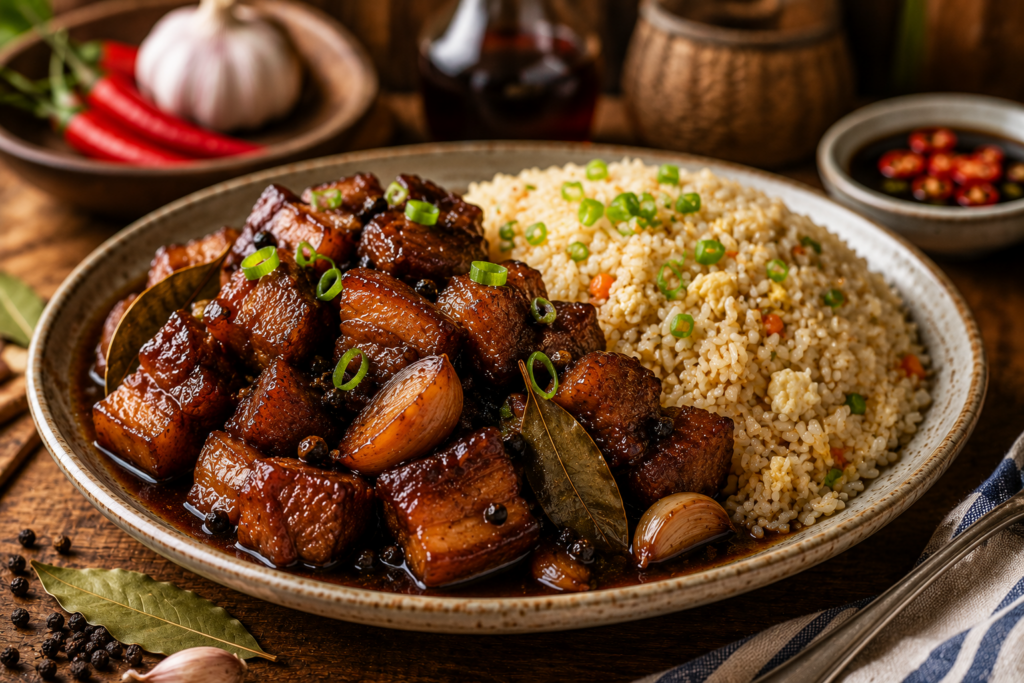Authentic Filipino Pork Adobo served with jasmine fried rice on a rustic ceramic plate, featuring tender pork chunks in a rich soy-vinegar sauce, garnished with garlic, bay leaves, black peppercorns, and green onion