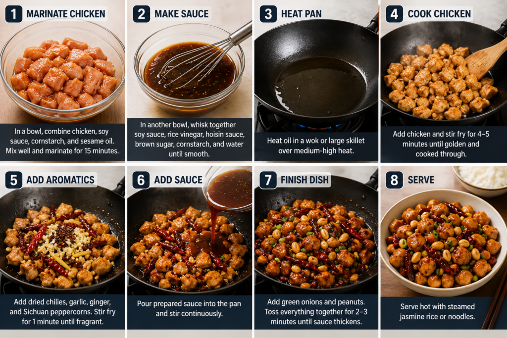 Step-by-step Kung Pao Chicken recipe collage showing chicken marination, sauce preparation, stir-frying, adding aromatics, sauce mixing, and final serving with rice.