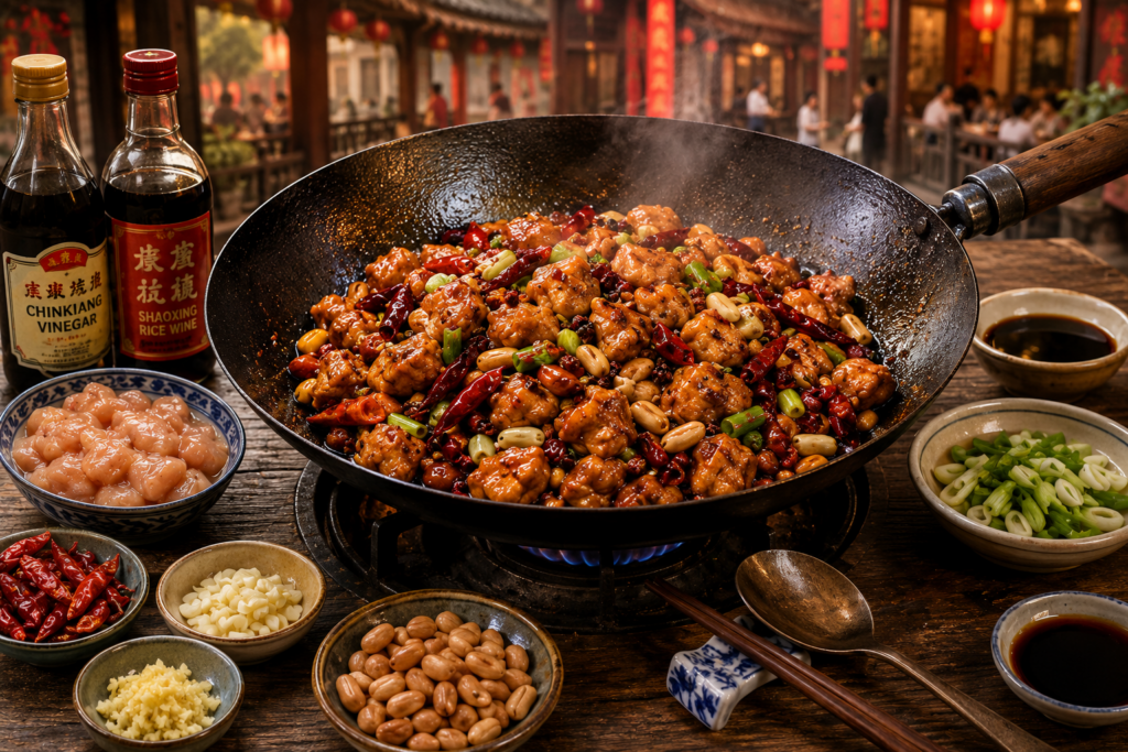 Sizzling authentic Kung Pao chicken in a hot carbon steel wok with glossy glaze, fried peanuts, and red chilies, surrounded by raw ingredients in ceramic bowls like velvet marinated chicken, garlic, and green onions on a rustic wooden table in a traditional Chinese kitchen setting.