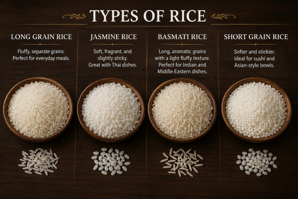 Landscape infographic showing four rice types in wooden bowls on a dark wooden background: Long Grain Rice, Jasmine Rice, Basmati Rice, and Short Grain Rice, with labels and brief texture descriptions.