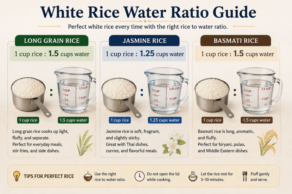 Landscape infographic showing white rice water ratios for three rice varieties—Long Grain Rice, Jasmine Rice, and Basmati Rice—with measuring cups of rice and water, plus cooking tips for perfectly fluffy rice.