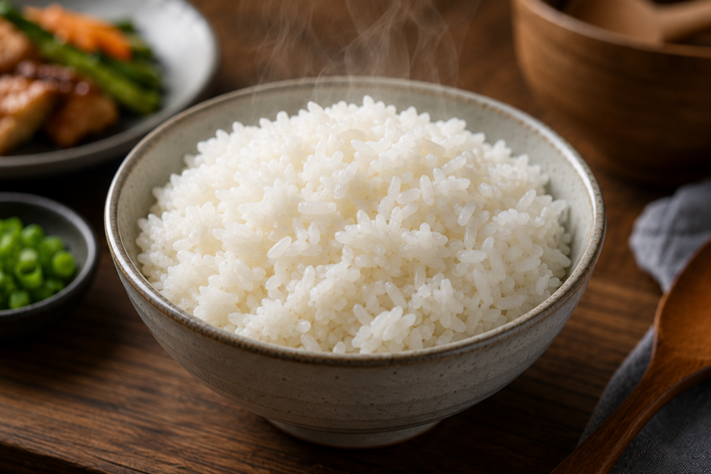 Bowl of fluffy steamed white rice with visible steam on a wooden table in a warm kitchen setting.