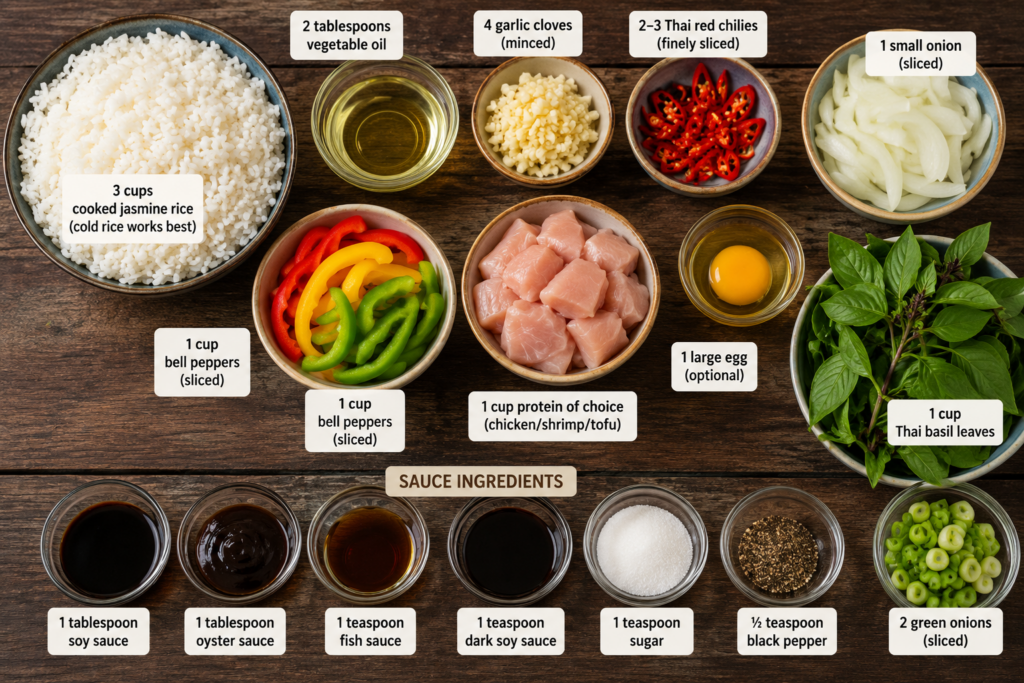 A landscape flat-lay image showing all ingredients for Thai Basil Rice arranged on a rustic wooden table, including cooked jasmine rice, vegetable oil, garlic, Thai red chilies, sliced onion, bell peppers, chicken, egg, fresh Thai basil, green onions, and small bowls of soy sauce, oyster sauce, fish sauce, dark soy sauce, sugar, and black pepper.