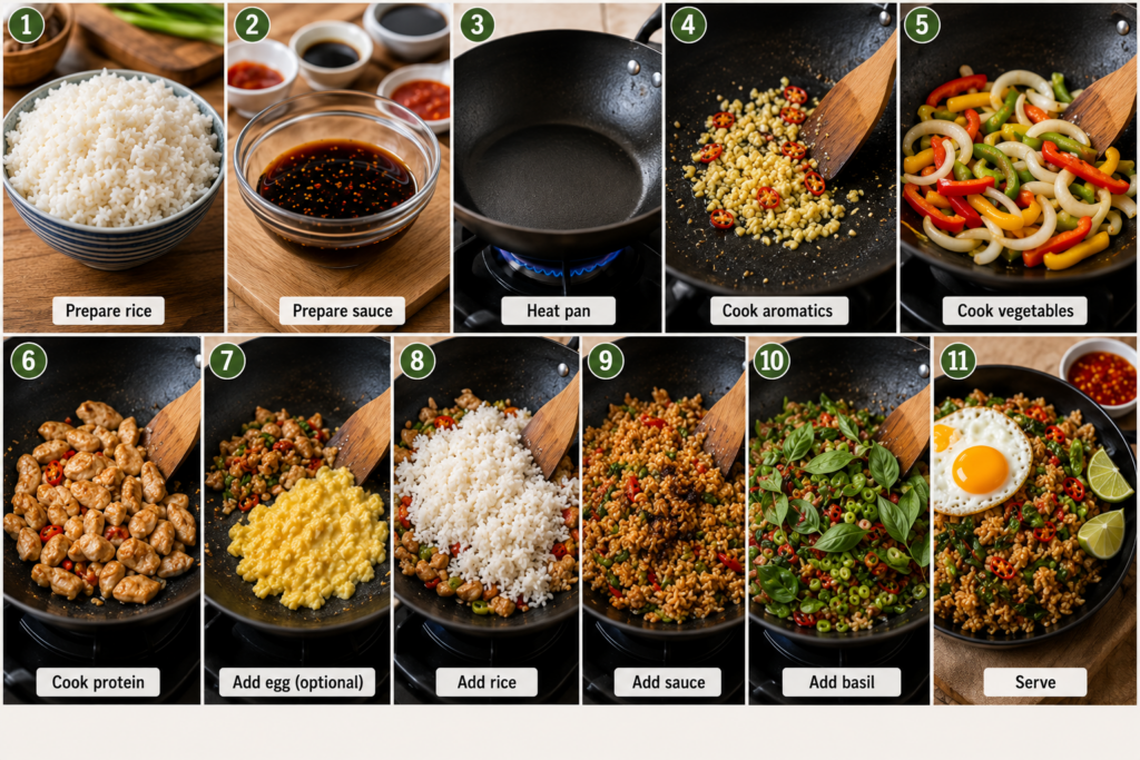 A landscape step-by-step collage showing 11 stages of making Thai Basil Rice, including preparing rice and sauce, heating the pan, cooking aromatics and vegetables, adding protein and egg, mixing in rice and sauce, finishing with fresh basil, and serving the final dish with a fried egg and lime wedges.