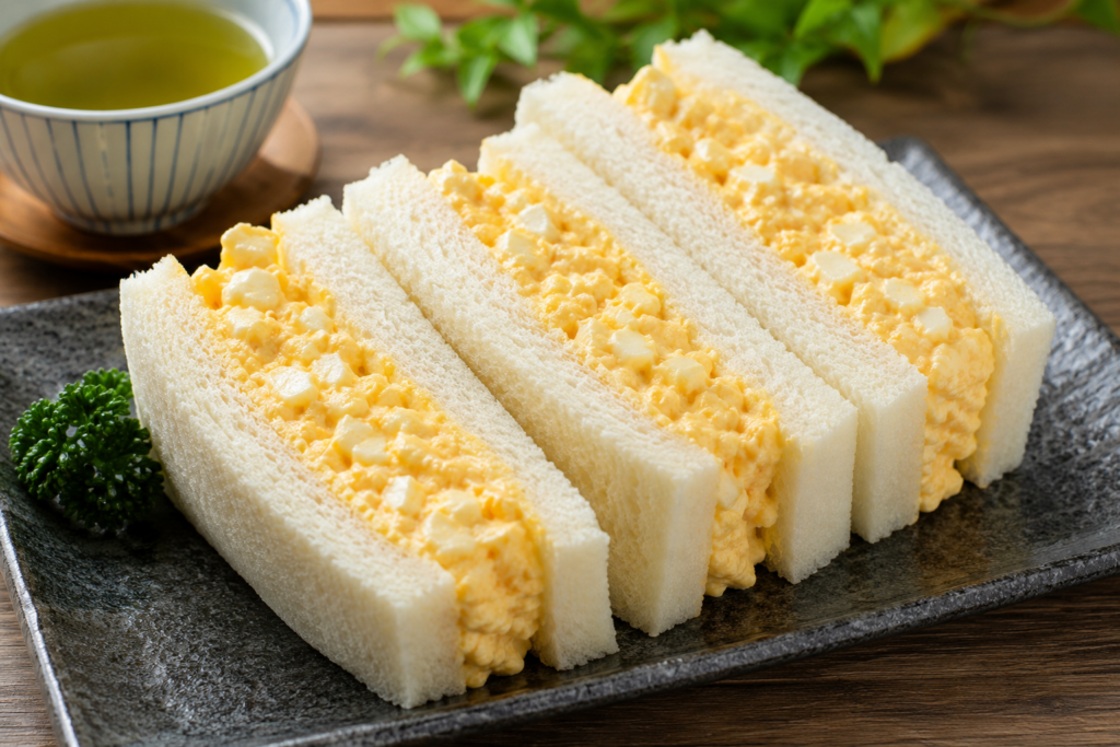 Creamy Japanese egg sandwiches (Tamago Sando) made with fluffy white bread and rich egg salad filling, served on a dark plate with green tea in the background.