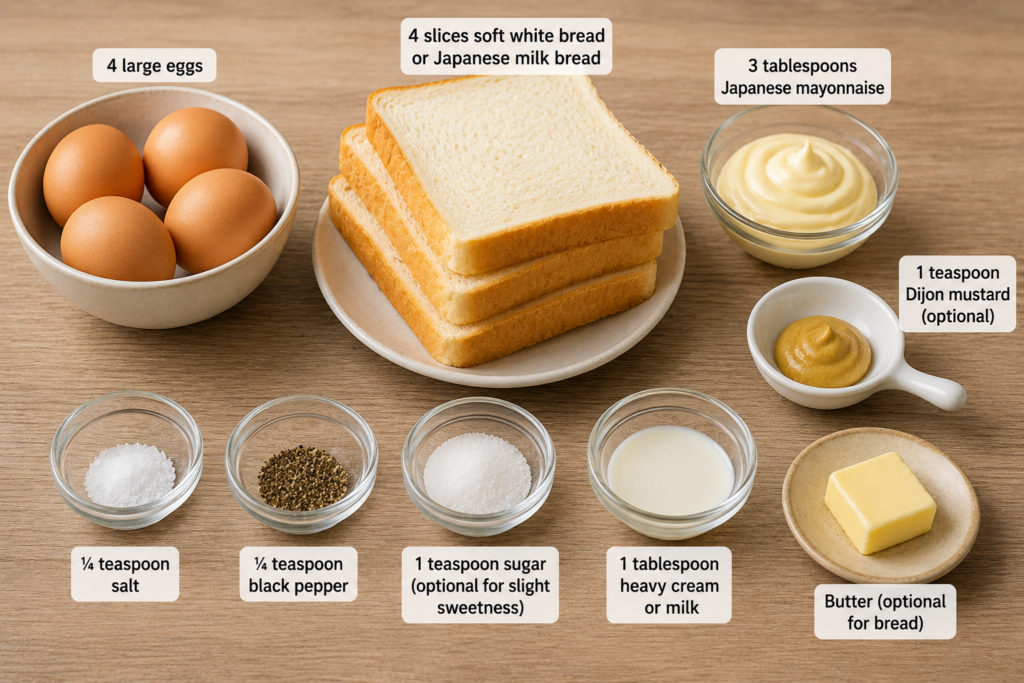 Overhead view of Japanese Egg Sandwich ingredients including eggs, soft white bread, Japanese mayonnaise, Dijon mustard, salt, black pepper, sugar, milk, and butter arranged neatly on a wooden surface.