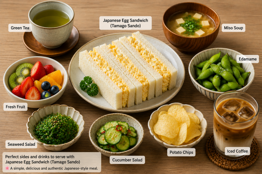A Japanese Egg Sandwich (Tamago Sando) served with miso soup, edamame, seaweed salad, cucumber salad, fresh fruit, potato chips, green tea, and iced coffee arranged on a wooden table.