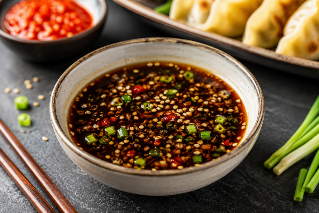 Easy homemade Asian dipping sauce recipe made with soy sauce, sesame seeds, garlic, and green onions, served with dumplings.