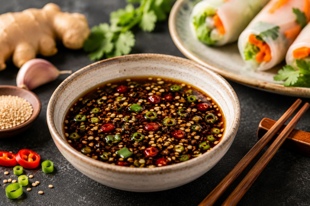 Asian dipping sauce served with fresh spring rolls and chopsticks