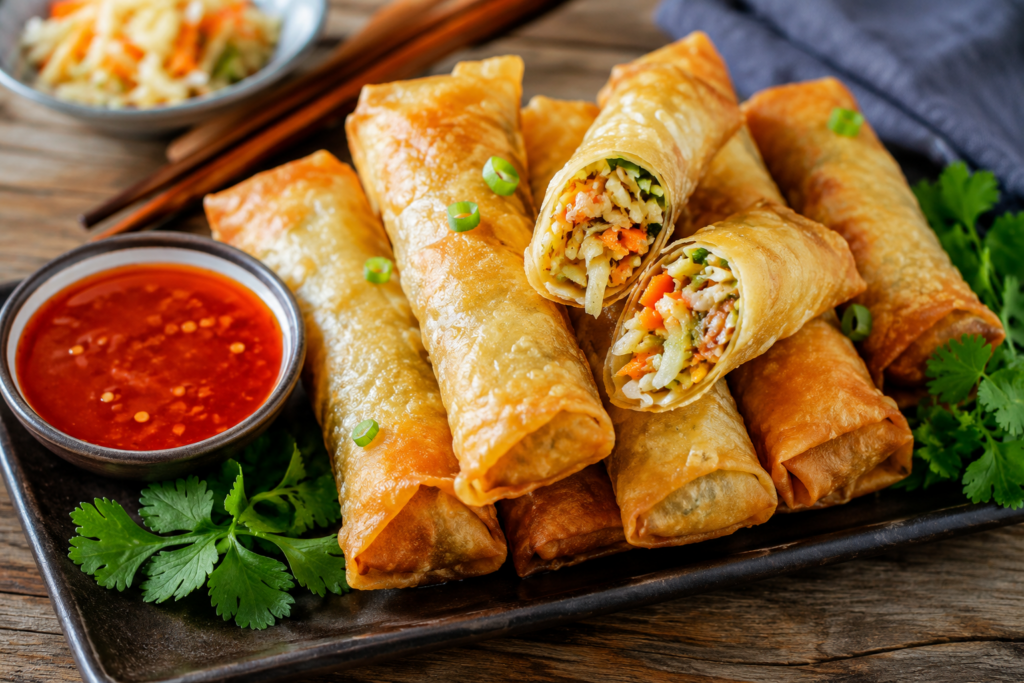 Crispy golden-brown homemade spring rolls arranged on a black platter with a sweet chili dipping sauce, garnished with fresh cilantro and green onions, with a visible vegetable filling of cabbage and carrots in a rustic Asian-style setting.