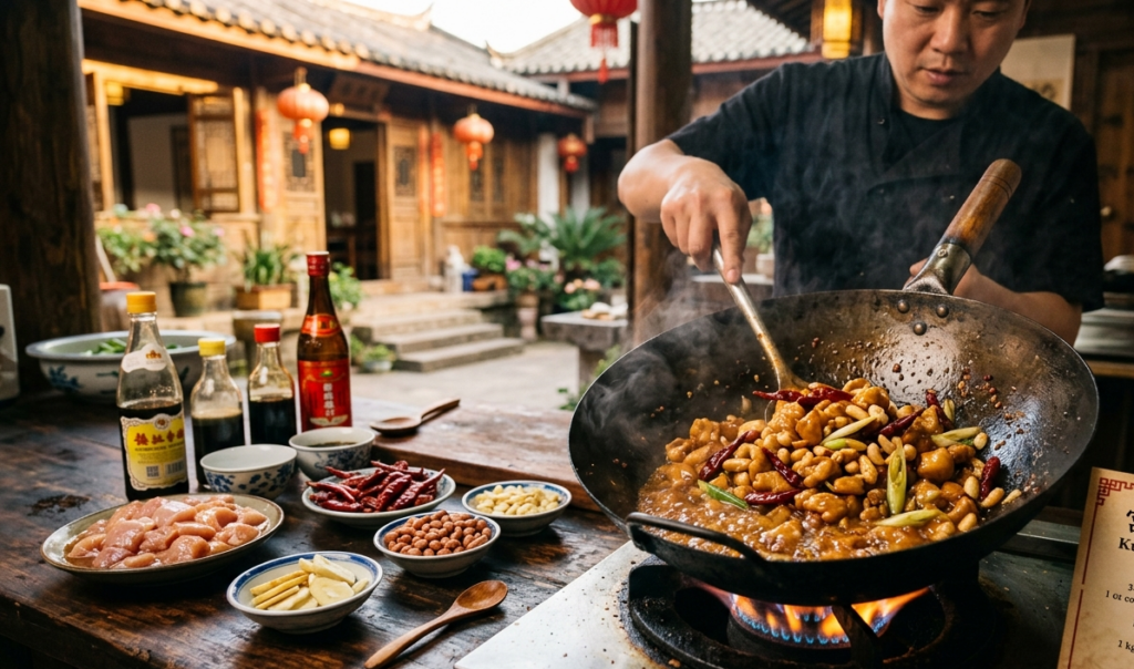A chef stir-frying authentic Kung Pao chicken in a hot wok with glossy sauce, roasted peanuts, dried red chilies, and green onions, surrounded by fresh ingredients on a rustic wooden counter in a traditional Chinese kitchen setting.