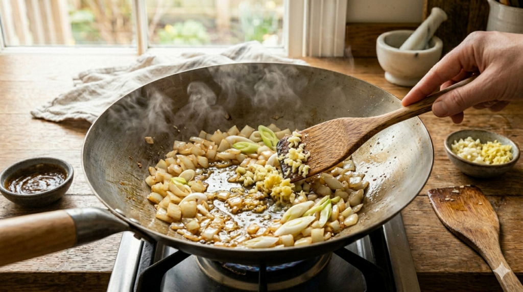 A landscape shot of chopped onions, sliced scallions, minced garlic, and grated ginger sizzling in a hot steel wok with a wooden spatula.