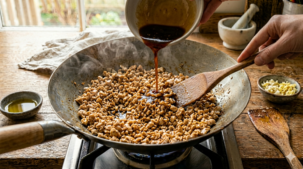 thick, dark umami sauce being poured from a ceramic bowl into a hot steel wok filled with browned ground chicken.